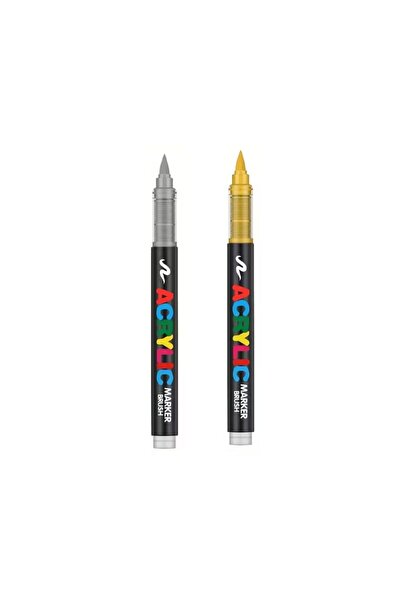 Art Tone 2'li Altın Gümüş Akrilik Marker Fırça Uçlu Keçeli Kalem Seti Posca G...