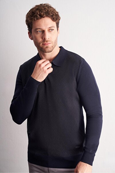 İmza Dark Navy Polo Neck Long Sleeve Pocketless Comfort Fit Cotton Knitwear Sweater 1012255218