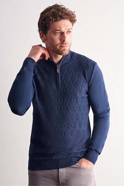 İmza Indigo Blue D Mock Neck Long Sleeve Pocketless S Slim Fit Casual Cotton Knitwear Sweater 1012255108