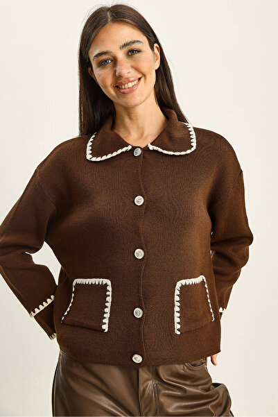 Bianco Lucci Women's Polo Neck Pocket Detailed Shepherd Stitch Knitwear Cardigan 60285001