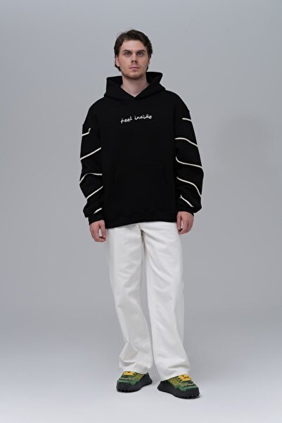 fame-stoned Feel İnside Patterned B Printed Embroidered 100% Cotton K Hooded Sweatshirt