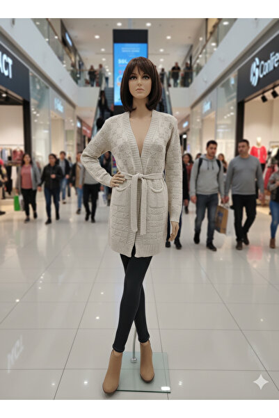 HeviStor Women's Cardigan, Long, Above the Knee, with Pockets, Belt Detail, Knitwear