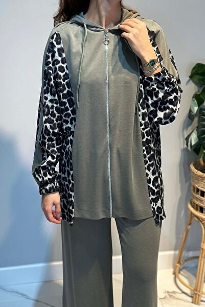 Lale Butik Leopard Pattern Detail Trouser Suit 70081-1 Khaki