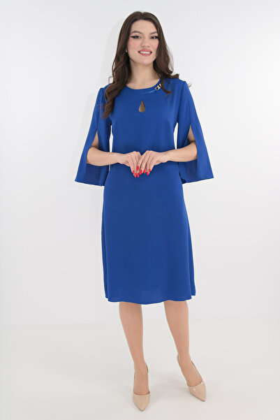 Vanessa Line RO Elegant blue dress with cutout and gold accessory at the neckline