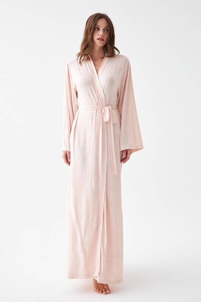 Akbeniz Women's Long Pink Combed Cotton Dressing Gown