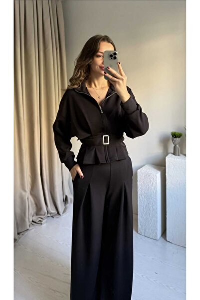 ForOus Black Pants Suit with Zippered Belt Detail