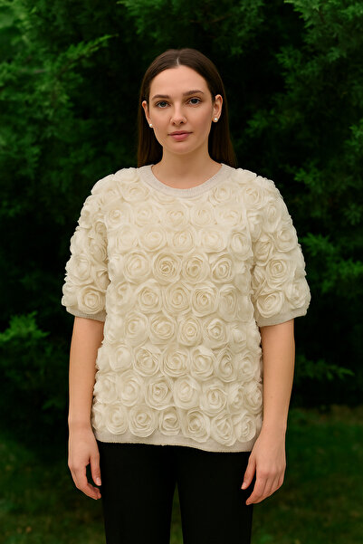 Sibel Günay Butik Women's Tulle Embossed Rose Patterned Cream Sweater Short Sleeve-Standard (Fits up to Size 40)