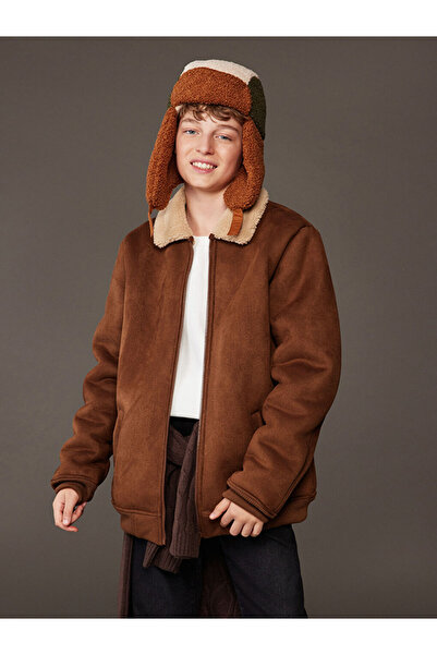 LC Waikiki Lcw Kids Brown Fur Collar Boys' Suede Look Coat