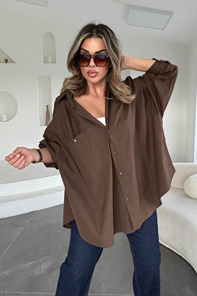 Eswomes قميص من قماش البوبلين بقصة بيضاوية بلون بني غامق