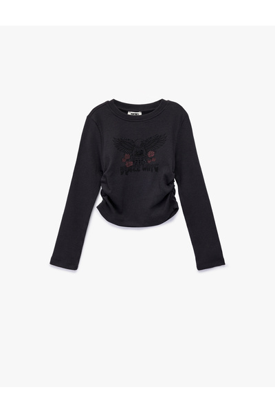 Koton Stone Detailed Long Sleeve Crew Neck Gathered Cotton Printed T-Shirt