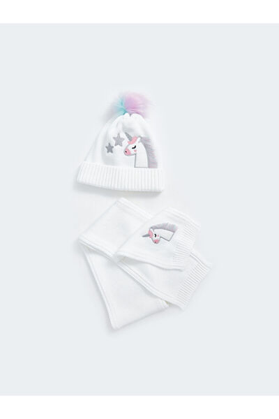 LC Waikiki Beyaz At Figürlü Kız Çocuk Bere ve Atkı