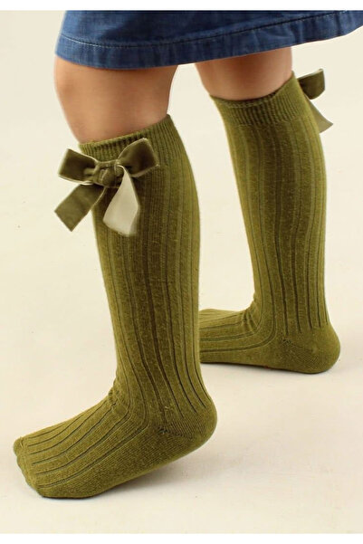 Penti Girls' 3/4 socks, cotton, with decorative bow - khaki color