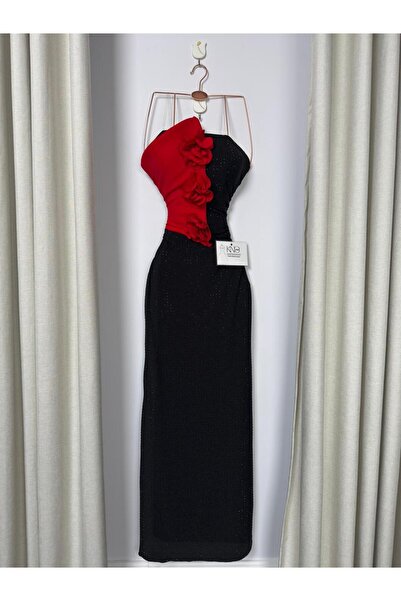 Onila فستان اسود بورده حمرا ناعم انيق