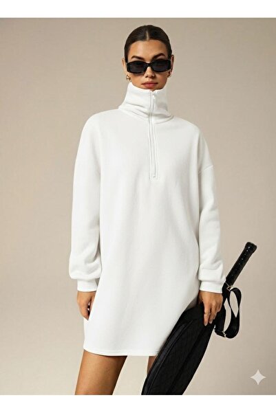 Afri 3 İplik Şardonlu Beyaz Oversize Fermuarlı Tunik Sweatshirt - Günlük Spor...