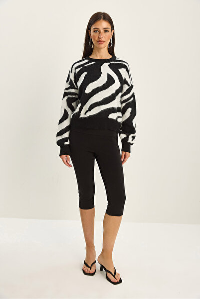 Bianco Lucci Women's Thick Zebra Patterned Crew Neck Fleece-Lined Knitwear Sweater 60285006