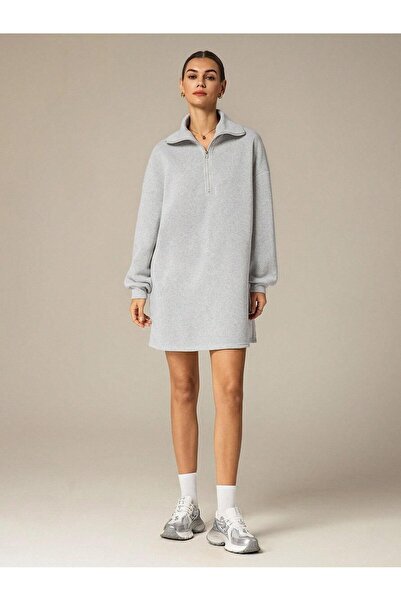 Afri 3 İplik Şardonlu Gri Oversize Fermuarlı Tunik Sweatshirt - Günlük Spor E...