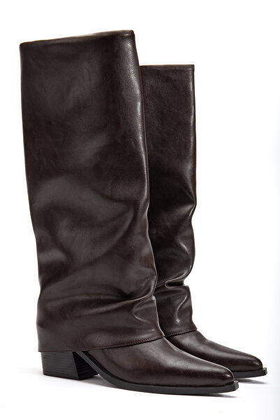 DENORA Brown Matte Leather Pointed Toe Flat Trousers Boots