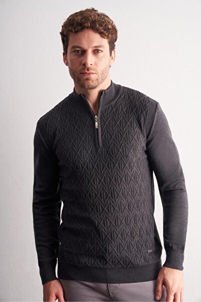 İmza Dark Anthracite Mock Neck Long Sleeve Pocketless Slim Fit Casual Cotton Knitwear Sweater 1012255108
