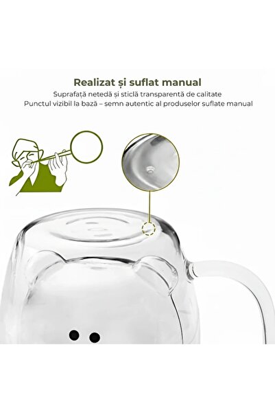 Salestore.ro Cană termorezistentă, sticlă cu pereți dubli 260 ml, formă de ursuleț, pentru băuturi calde/reci, transparentă