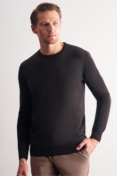 İmza Black Crew Neck Long Sleeve Pocketless Comfort Fit Cotton Knitwear Sweater 1012255216