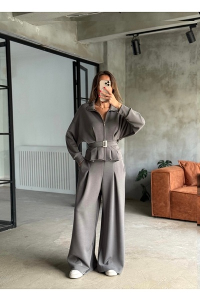 ForOus Smoked Pants with Detail Zipper and Belt Set