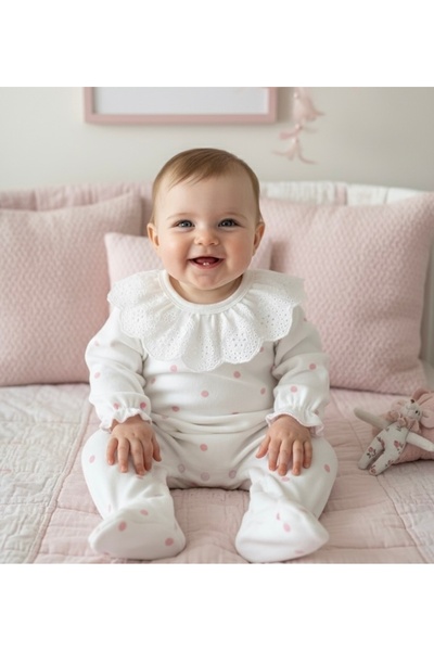 Florijee Pembe Puantiyeli Kadife Kız Bebek Tulum – Fisto Yakalı