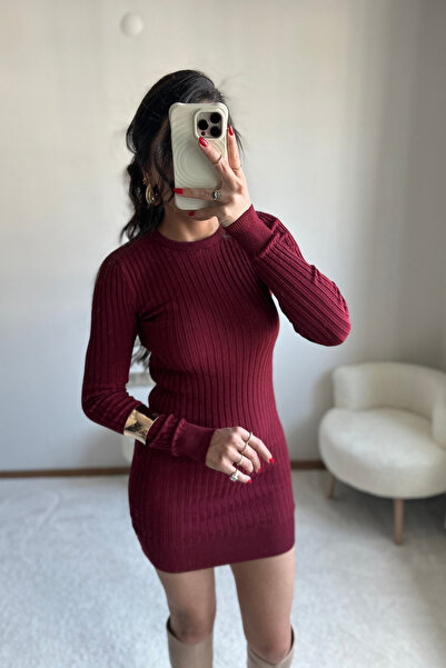 MoyStore Burgundy Crew Neck Corded Fabric Knitwear Dress