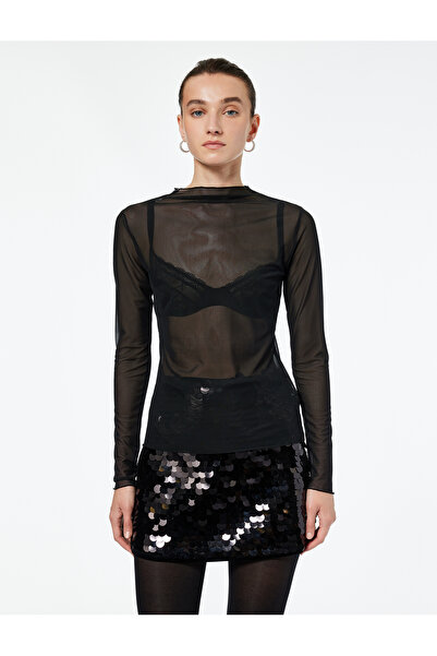 Koton Μακρυμάνικο μπλουζάκι με λαιμόκοψη και διάφανο ύφος