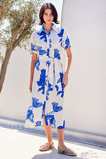 Hiccup Bdart Floral Print Midi Dress with Belt and Shirt Collar