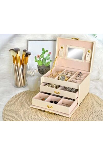 Beautylushh Cutie de bijuterii cu două sertare și cheie, bej