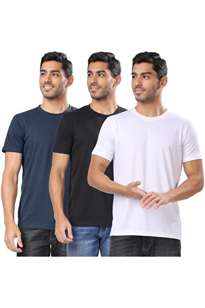 Pure Infinity Black-Blue-White Slim/Slim Fit Crew Neck 100% Cotton 3 Pack T-Shirts