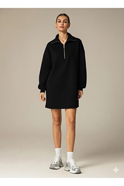 Afri 3 İplik Şardonlu Siyah Oversize Fermuarlı Tunik Sweatshirt - Günlük Spor...