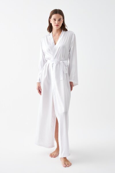 Akbeniz Women's Long White Satin Dressing Gown