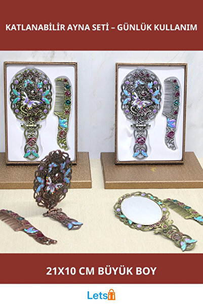 Letsii Kelebek Desenli Katlanabilir Ayna ve Tarak Seti Büyük Boy 21x10 cm