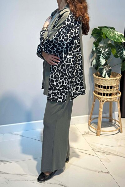 Lale Butik Leopard Pattern Detail Trouser Suit 70081-1 Khaki