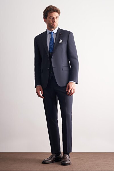 İmza Navy Blue Mono Collar Lined Double Slit Flexible 6 Drop Slim Fit Basic V...