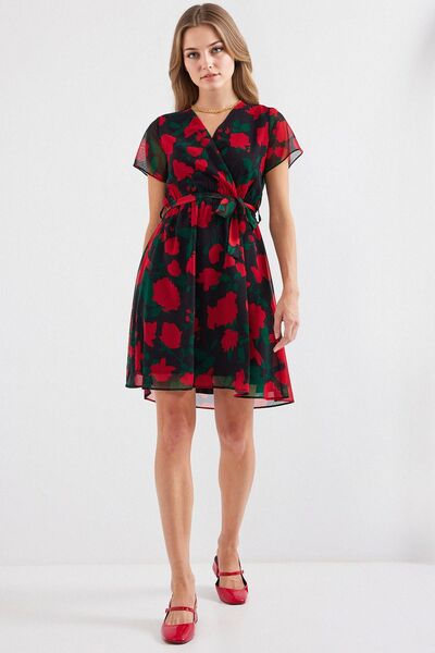 Hiccup Bdart V-Neck Floral Mini Dress with Tie-Up Closure