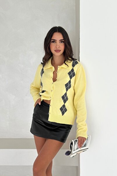 Noi Belis Baklava Patterned Polo Neck Knitwear Cardigan Aw25Hi0056