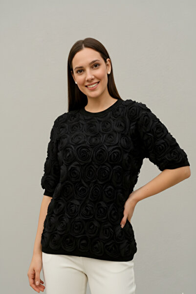 Sibel Günay Butik Pulover negru pentru femei din tul cu model de trandafiri î...