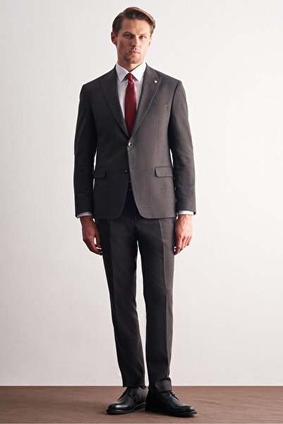 İmza Dark Anthracite Swallow Collar Striped Pattern Double-Breasted Flexible 6 Drop Slim Fit Classic Suit 100125