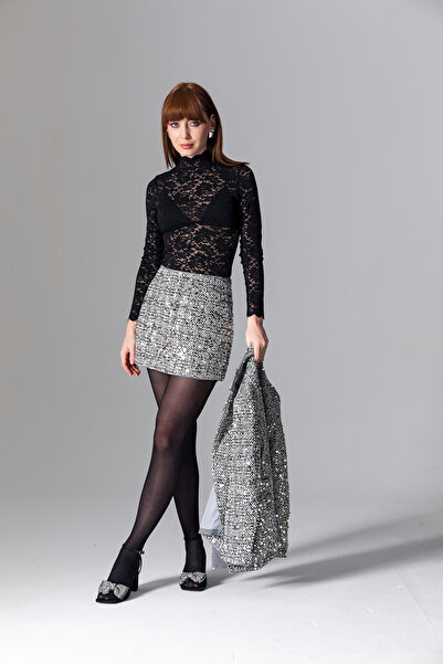 TUSSMADE Gümüş Payetli Etek