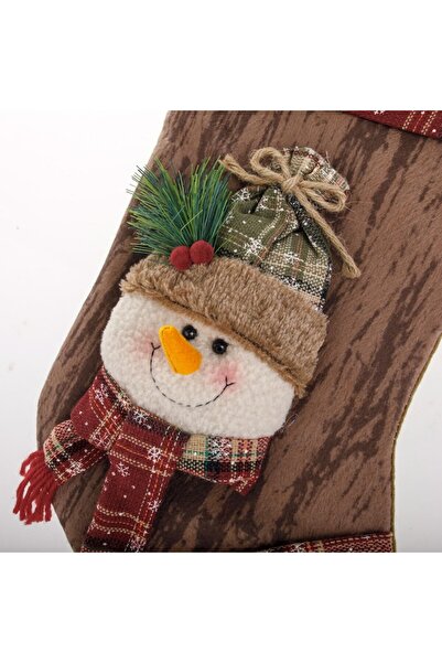OEM Christmas decorative boot brown beige snowman with checked scarf, 47 cm
