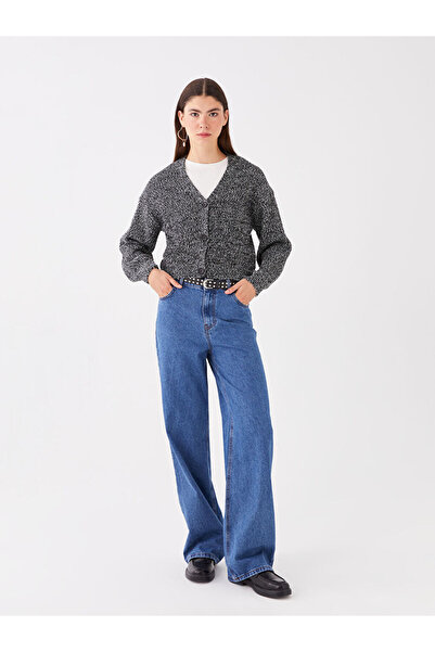 LC Waikiki Black V-Neck Patterned Women's Knitwear Cardigan