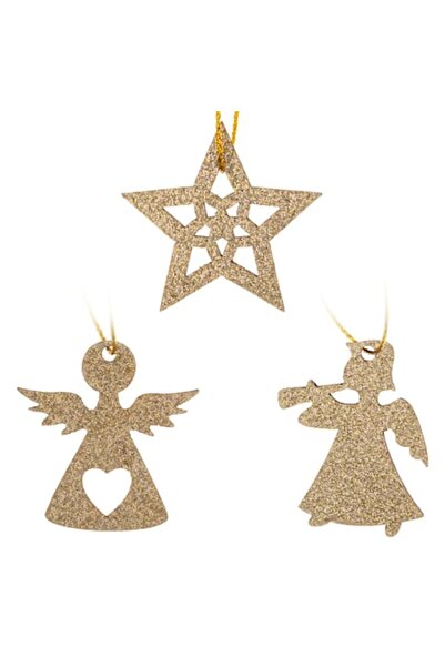 OEM Ornamente de Crăciun din lemn cu stele și îngeri bej cu sclipici 3,5 cm -...