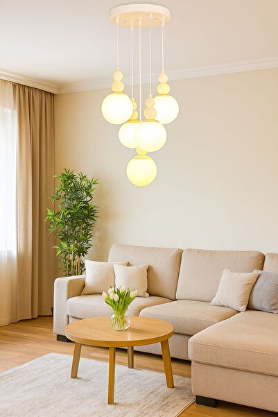 VENON Kardan Adam 5.Lİ SARKIT BEYAZ GÖVDE BEYAZ GLOP CAM TAVAN MONTAJLI Avize...