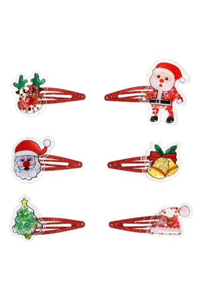 OEM Red metal hair clips set with glitter and confetti figurines, 6 pcs, 6 cm