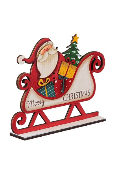 OEM Christmas Table Decoration - Wooden Santa Sleigh with Gifts and Tree, "Merry Christmas", Red, 19x4x1