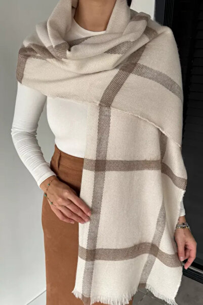 Verahed Ζεστό χειμωνιάτικο μαλακό υφήματος σάλι ώμου με φούντες μακρύ χνουδωτό λευκό καρό σάλι 175x70 εκ.