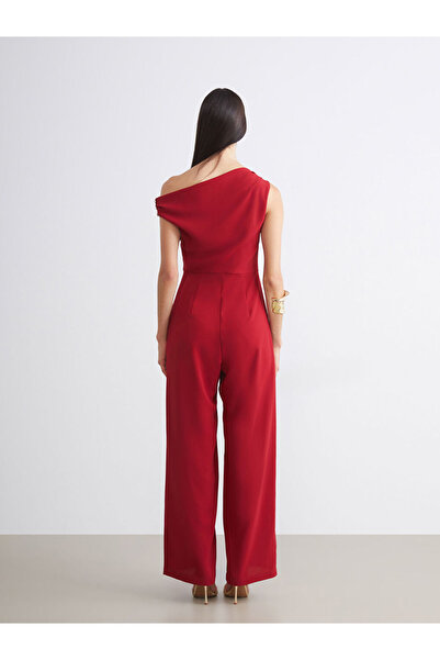 LC Waikiki Red Boat Neck Gathered Women's Jumpsuit