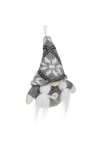 OEM Christmas tree ornament - gnome figurine with knitted grey snowflake hat, braids (10x13cm)